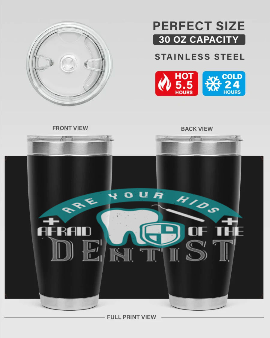 A colorful 20oz Dentist Style 6# tumbler made of double wall vacuum stainless steel, featuring a drink-thru lid, perfect for kids.