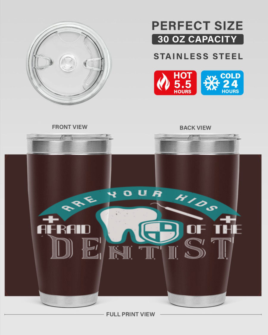 A colorful 20oz Dentist Style 6# tumbler made of double wall vacuum stainless steel, featuring a drink-thru lid, perfect for kids.