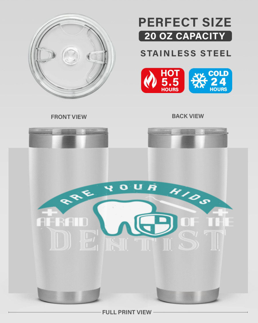 A colorful 20oz Dentist Style 6# tumbler made of double wall vacuum stainless steel, featuring a drink-thru lid, perfect for kids.