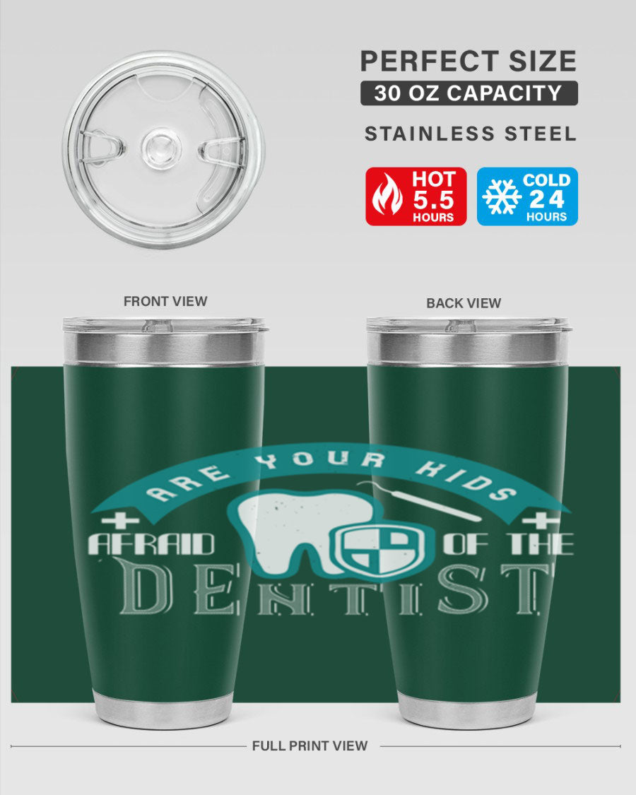A colorful 20oz Dentist Style 6# tumbler made of double wall vacuum stainless steel, featuring a drink-thru lid, perfect for kids.