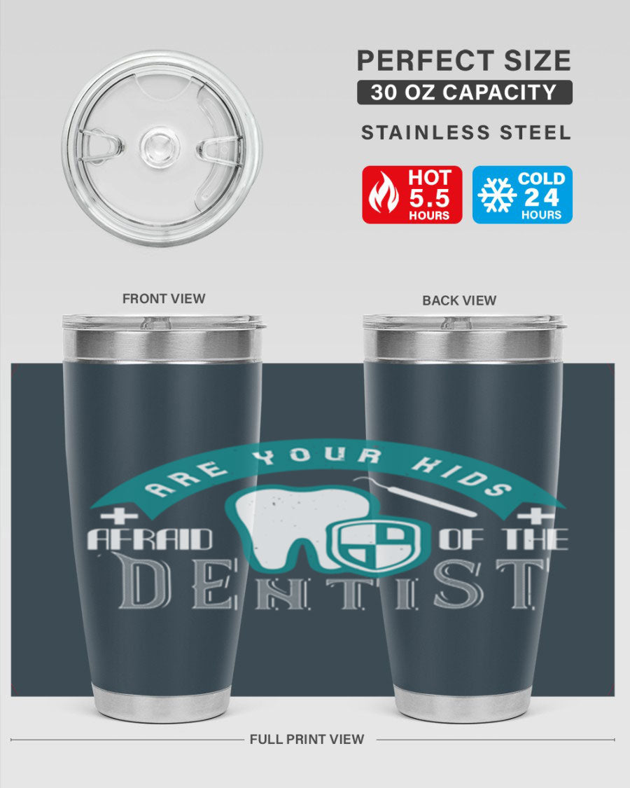 A colorful 20oz Dentist Style 6# tumbler made of double wall vacuum stainless steel, featuring a drink-thru lid, perfect for kids.