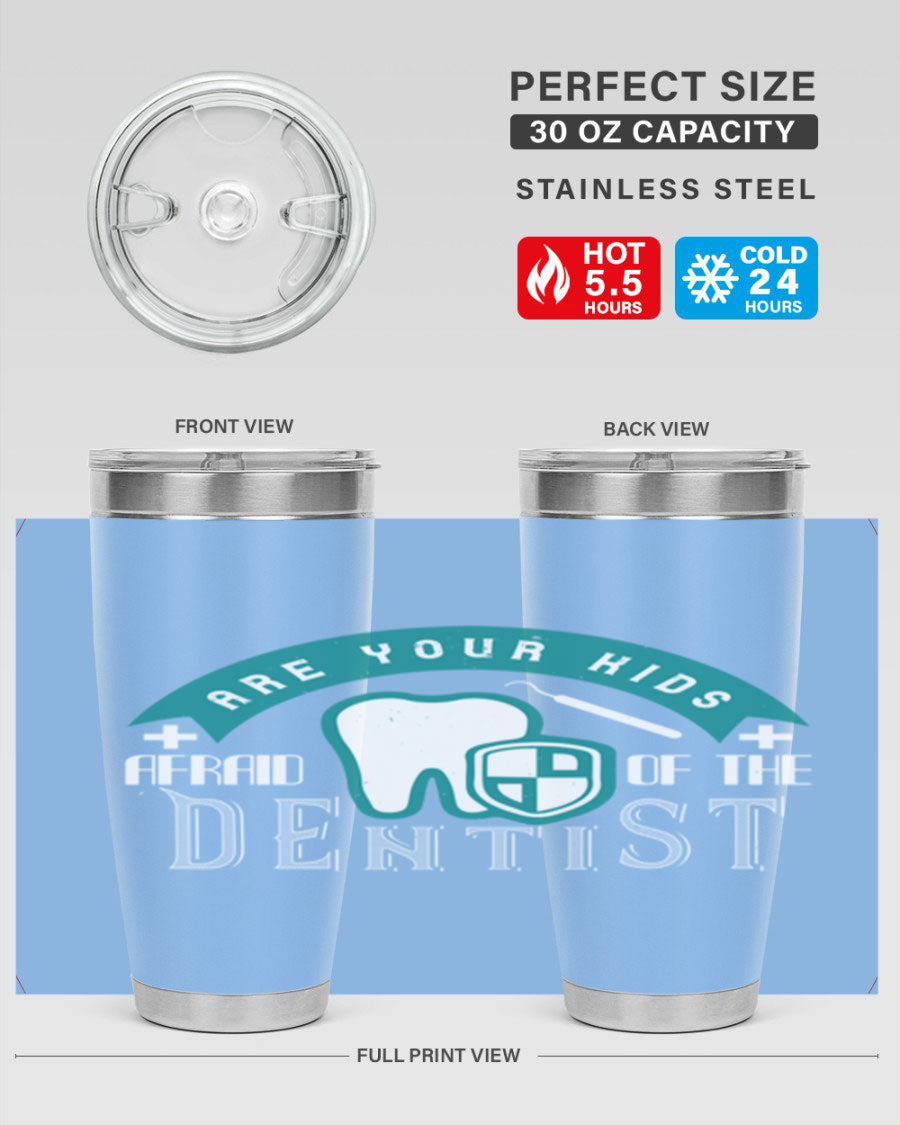 A colorful 20oz Dentist Style 6# tumbler made of double wall vacuum stainless steel, featuring a drink-thru lid, perfect for kids.