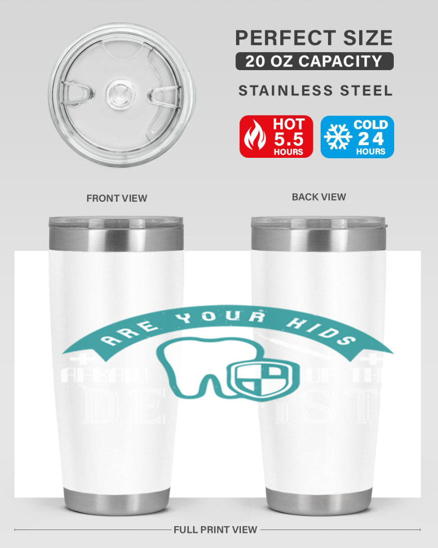 A colorful 20oz Dentist Style 6# tumbler made of double wall vacuum stainless steel, featuring a drink-thru lid, perfect for kids.