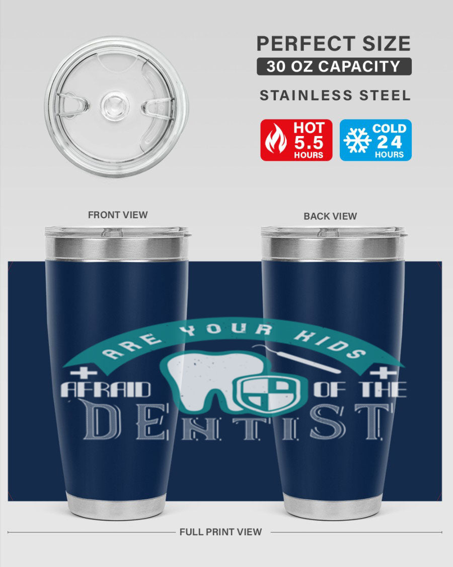 A colorful 20oz Dentist Style 6# tumbler made of double wall vacuum stainless steel, featuring a drink-thru lid, perfect for kids.