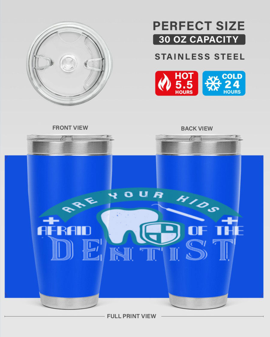 A colorful 20oz Dentist Style 6# tumbler made of double wall vacuum stainless steel, featuring a drink-thru lid, perfect for kids.