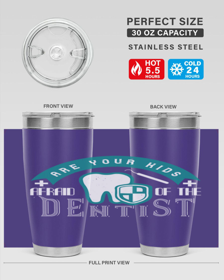 A colorful 20oz Dentist Style 6# tumbler made of double wall vacuum stainless steel, featuring a drink-thru lid, perfect for kids.