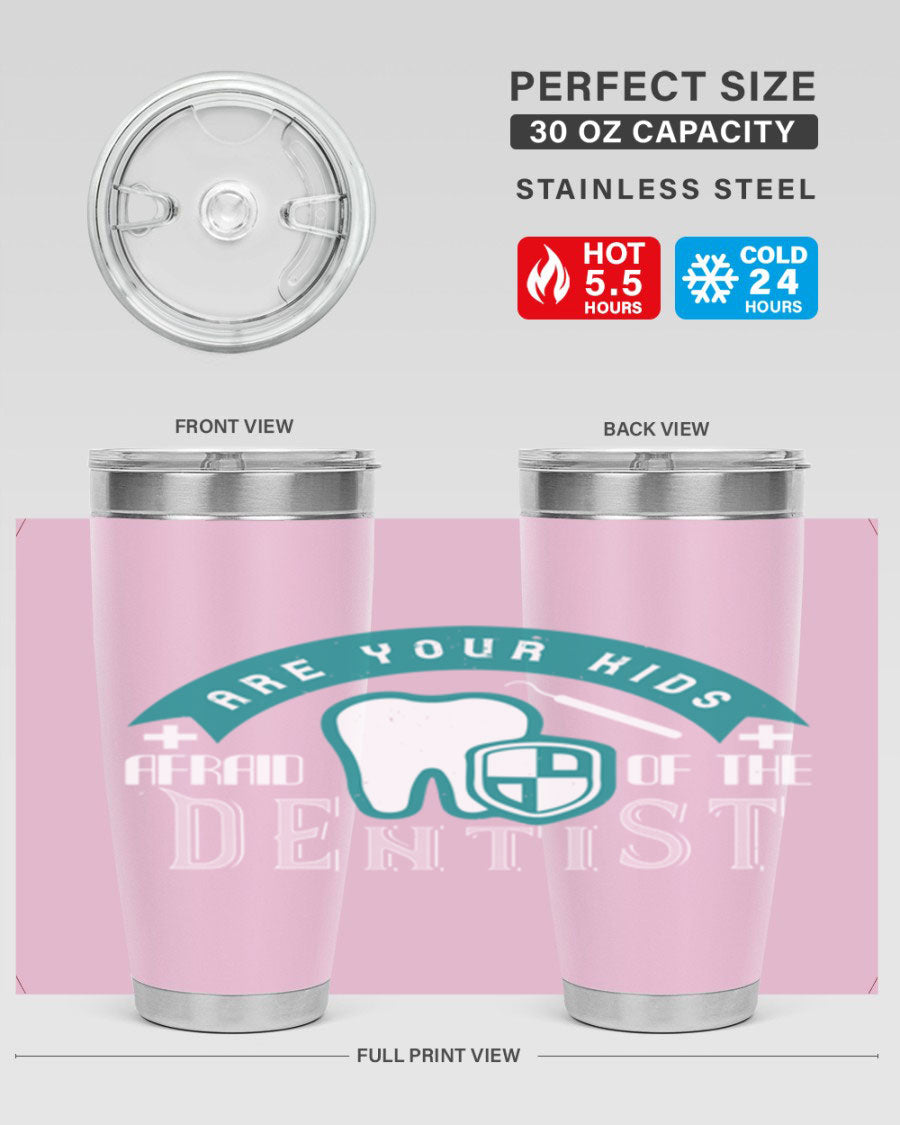 A colorful 20oz Dentist Style 6# tumbler made of double wall vacuum stainless steel, featuring a drink-thru lid, perfect for kids.