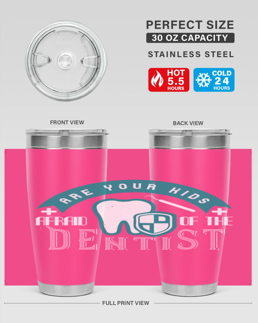 A colorful 20oz Dentist Style 6# tumbler made of double wall vacuum stainless steel, featuring a drink-thru lid, perfect for kids.