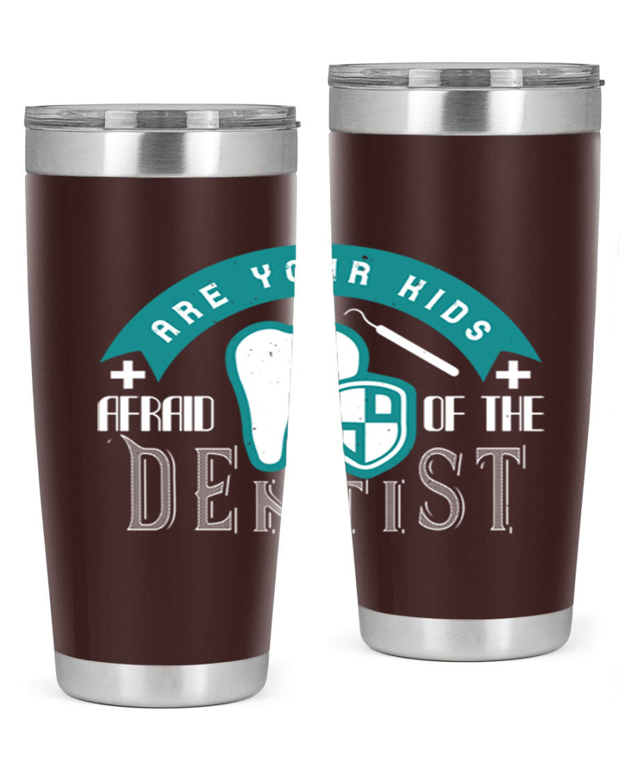 A colorful 20oz Dentist Style 6# tumbler made of double wall vacuum stainless steel, featuring a drink-thru lid, perfect for kids.
