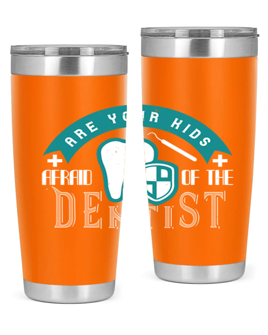 A colorful 20oz Dentist Style 6# tumbler made of double wall vacuum stainless steel, featuring a drink-thru lid, perfect for kids.