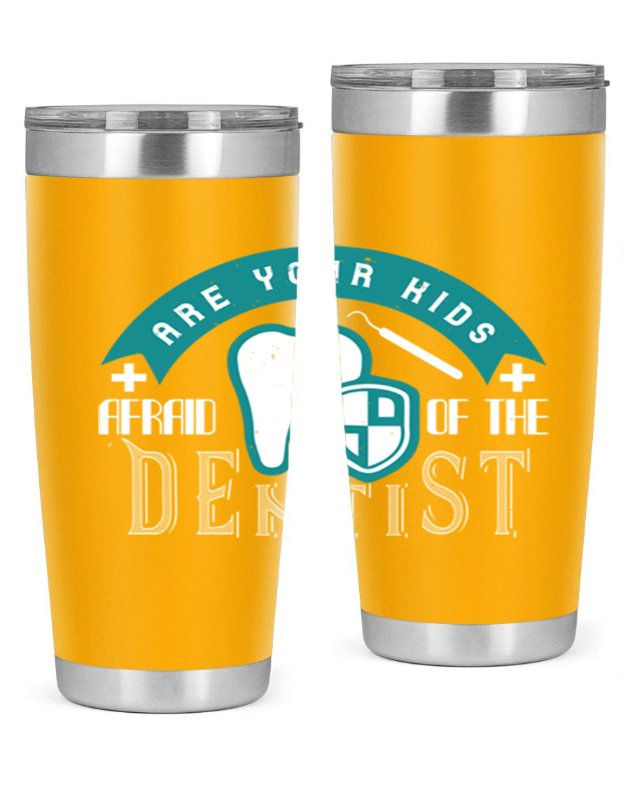 A colorful 20oz Dentist Style 6# tumbler made of double wall vacuum stainless steel, featuring a drink-thru lid, perfect for kids.