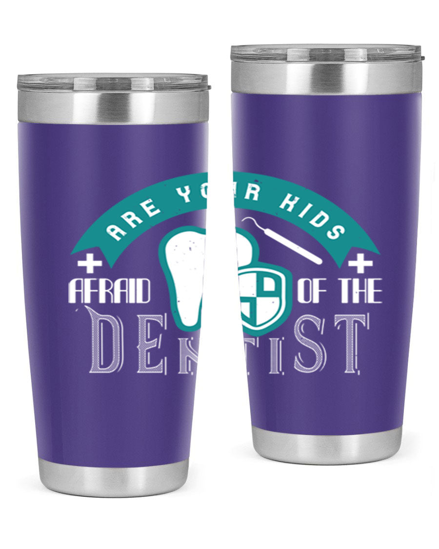 A colorful 20oz Dentist Style 6# tumbler made of double wall vacuum stainless steel, featuring a drink-thru lid, perfect for kids.