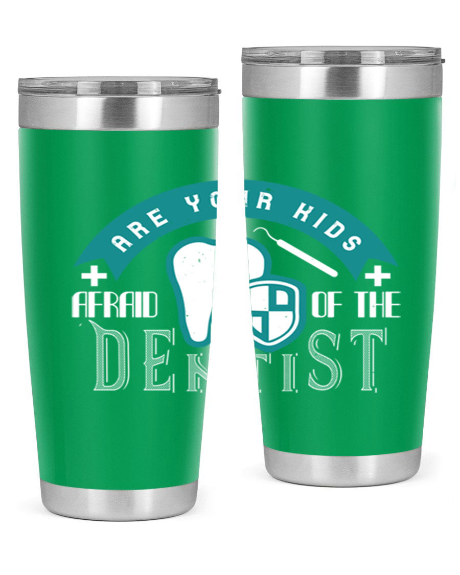 A colorful 20oz Dentist Style 6# tumbler made of double wall vacuum stainless steel, featuring a drink-thru lid, perfect for kids.