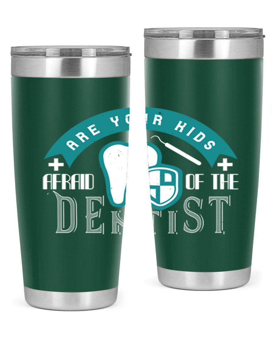 A colorful 20oz Dentist Style 6# tumbler made of double wall vacuum stainless steel, featuring a drink-thru lid, perfect for kids.