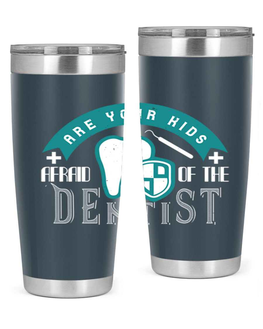 A colorful 20oz Dentist Style 6# tumbler made of double wall vacuum stainless steel, featuring a drink-thru lid, perfect for kids.