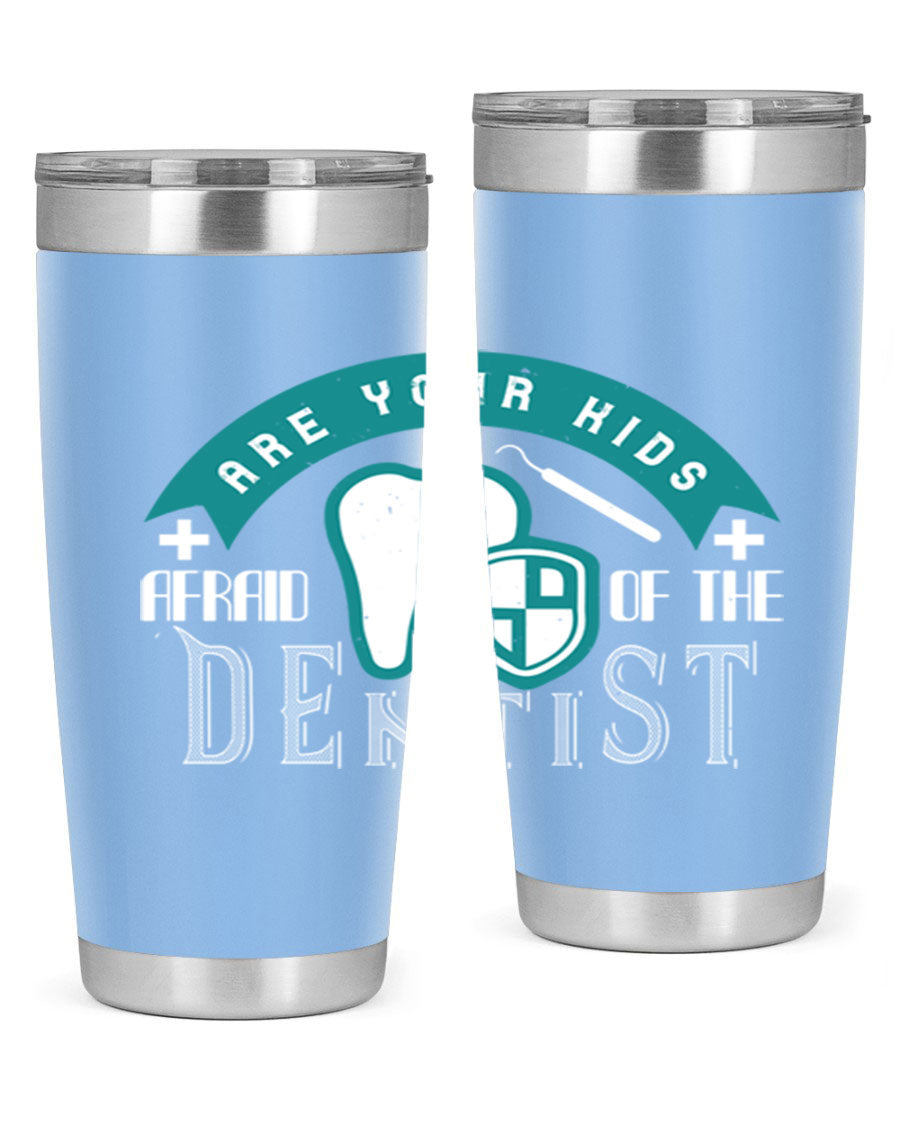 A colorful 20oz Dentist Style 6# tumbler made of double wall vacuum stainless steel, featuring a drink-thru lid, perfect for kids.