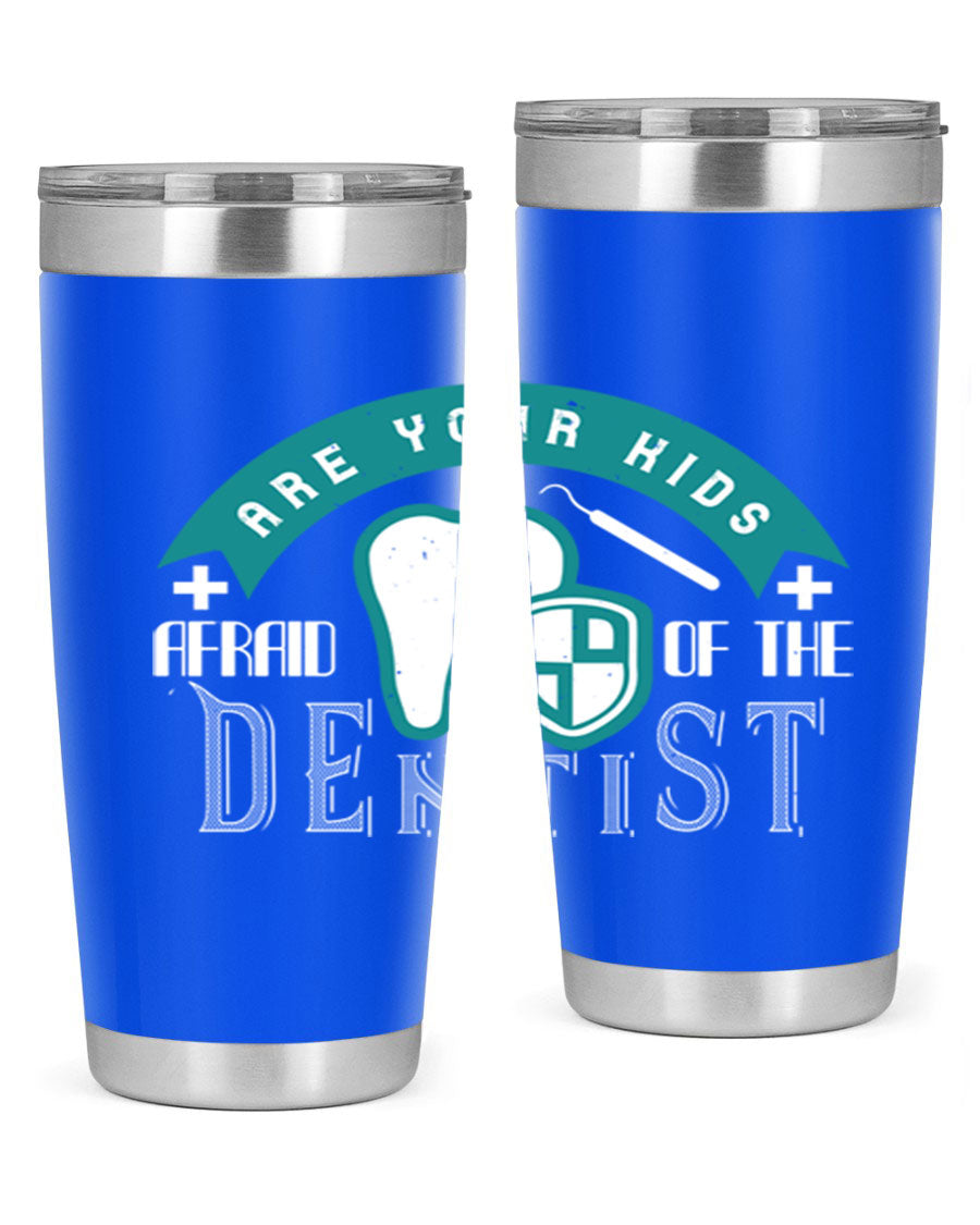 A colorful 20oz Dentist Style 6# tumbler made of double wall vacuum stainless steel, featuring a drink-thru lid, perfect for kids.