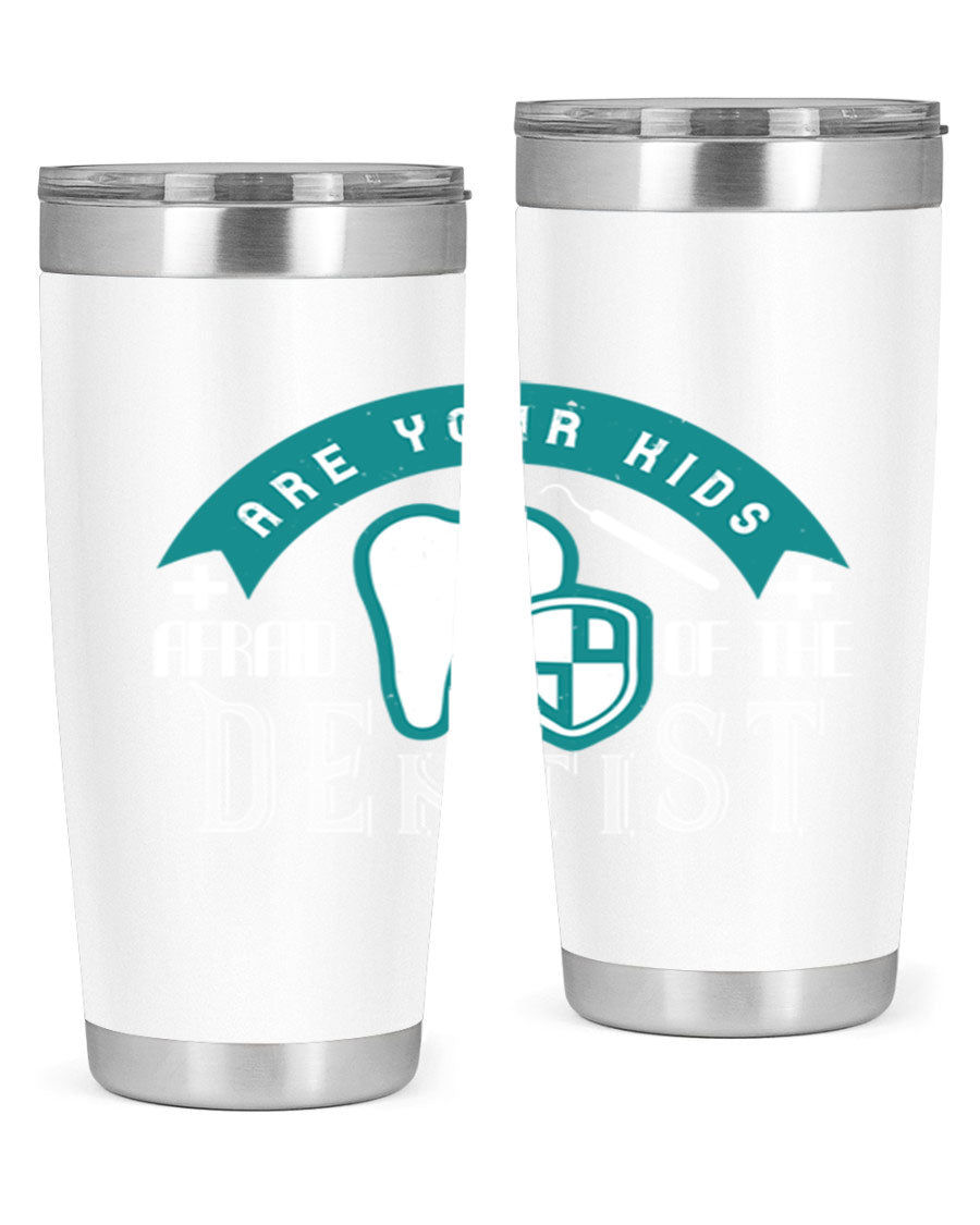 A colorful 20oz Dentist Style 6# tumbler made of double wall vacuum stainless steel, featuring a drink-thru lid, perfect for kids.