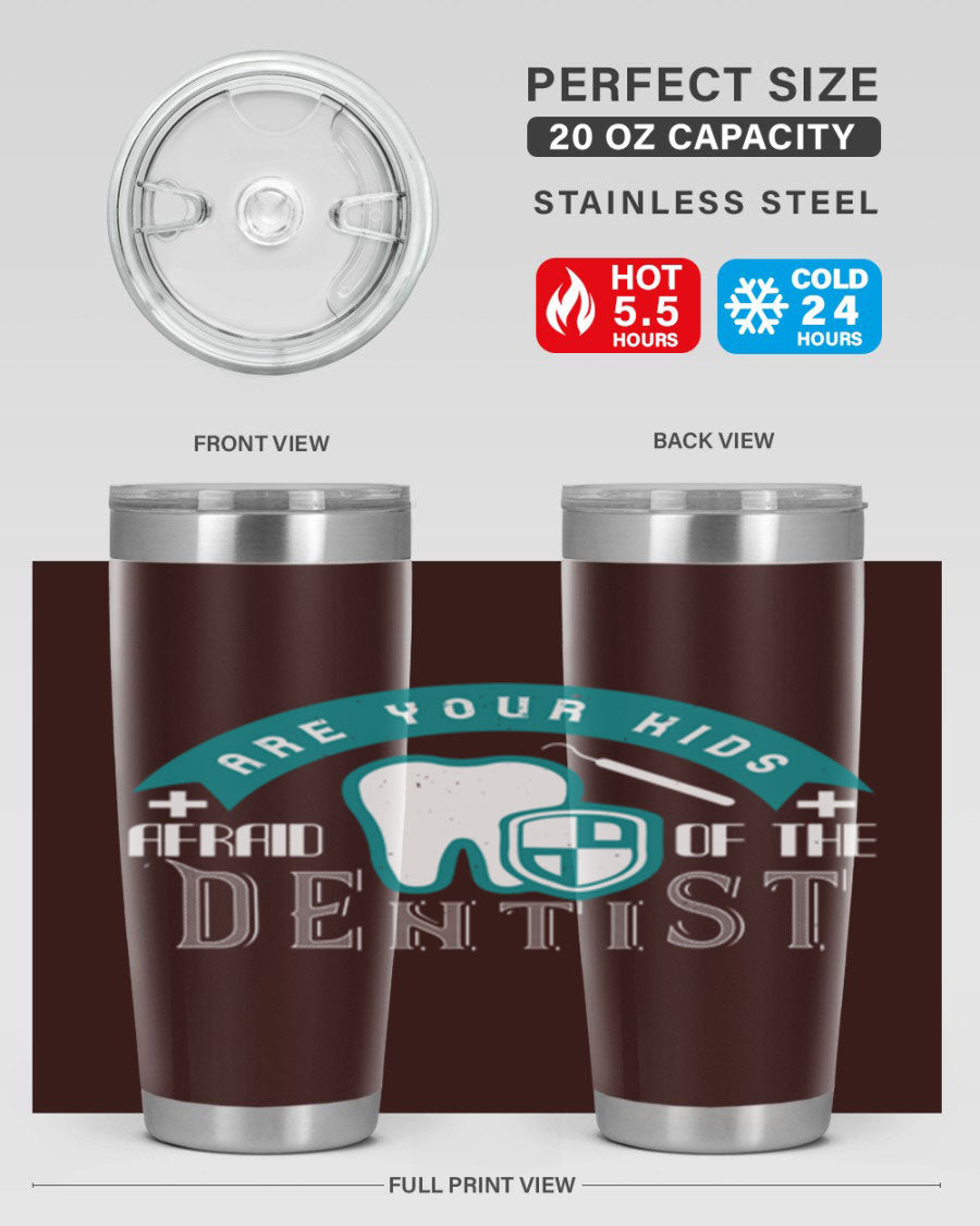 A colorful 20oz Dentist Style 6# tumbler made of double wall vacuum stainless steel, featuring a drink-thru lid, perfect for kids.