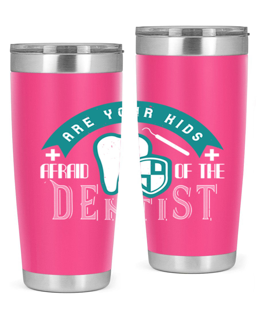 A colorful 20oz Dentist Style 6# tumbler made of double wall vacuum stainless steel, featuring a drink-thru lid, perfect for kids.