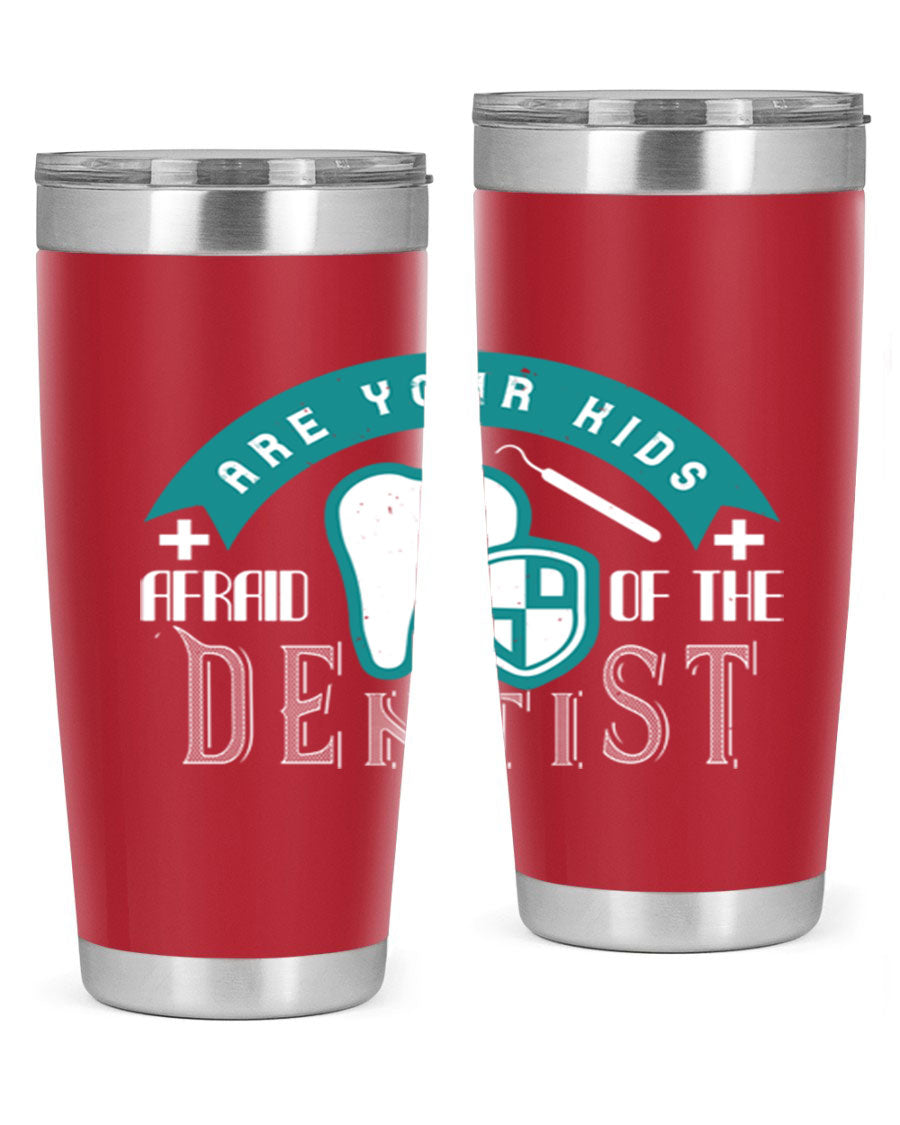 A colorful 20oz Dentist Style 6# tumbler made of double wall vacuum stainless steel, featuring a drink-thru lid, perfect for kids.