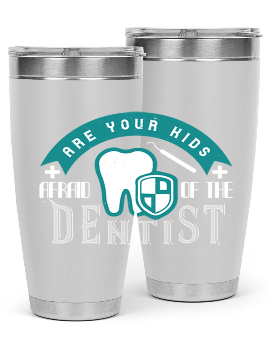 A colorful 20oz Dentist Style 6# tumbler made of double wall vacuum stainless steel, featuring a drink-thru lid, perfect for kids.