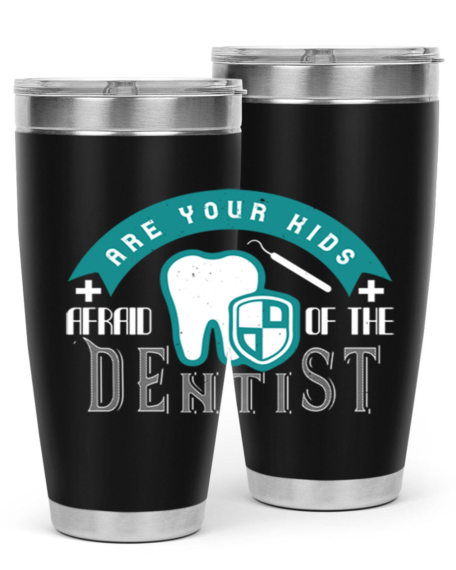 A colorful 20oz Dentist Style 6# tumbler made of double wall vacuum stainless steel, featuring a drink-thru lid, perfect for kids.