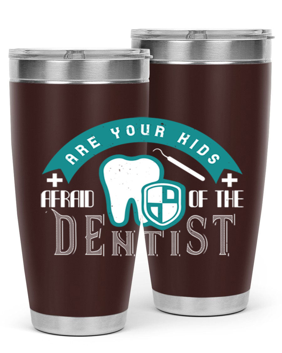 A colorful 20oz Dentist Style 6# tumbler made of double wall vacuum stainless steel, featuring a drink-thru lid, perfect for kids.