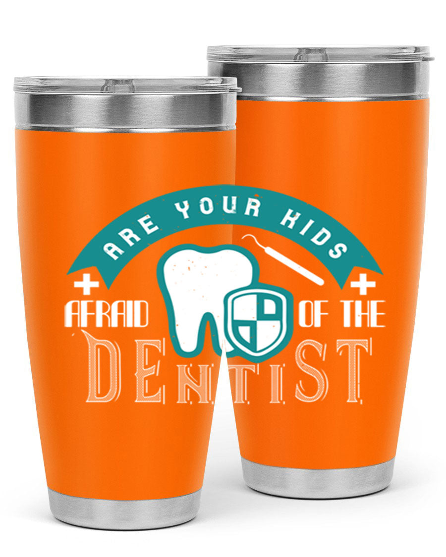 A colorful 20oz Dentist Style 6# tumbler made of double wall vacuum stainless steel, featuring a drink-thru lid, perfect for kids.