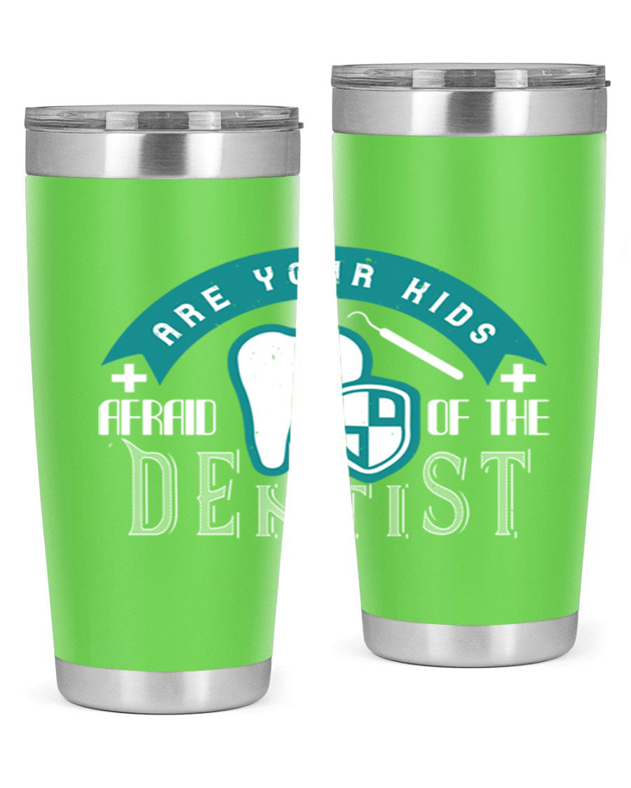 A colorful 20oz Dentist Style 6# tumbler made of double wall vacuum stainless steel, featuring a drink-thru lid, perfect for kids.