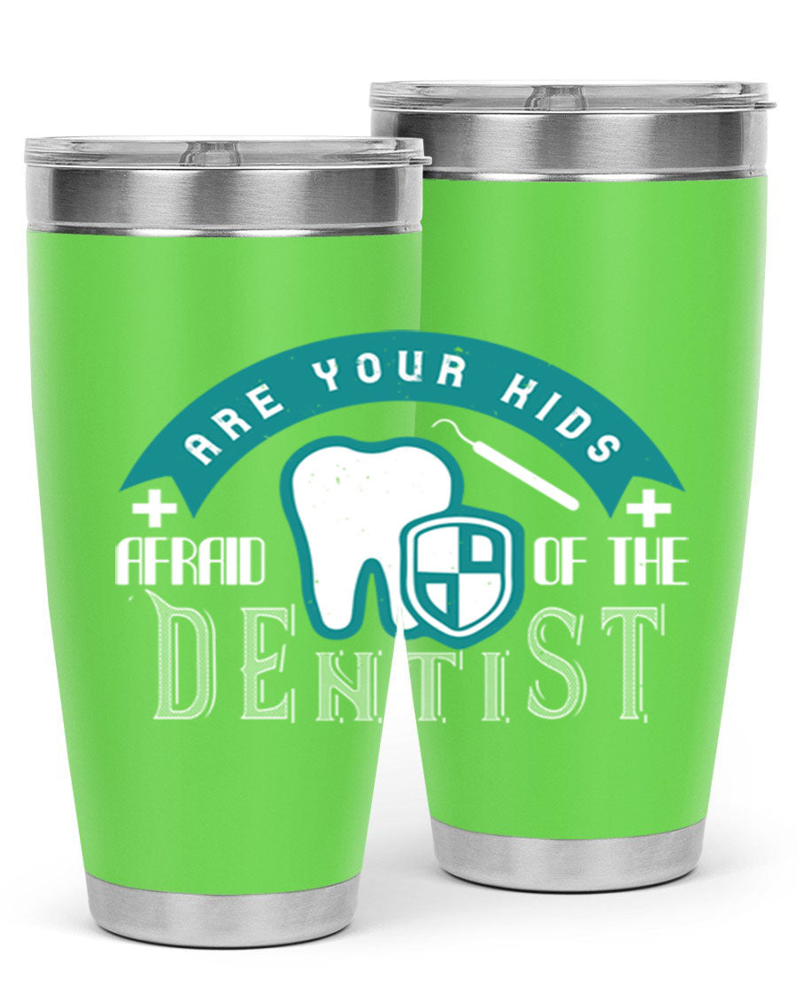 A colorful 20oz Dentist Style 6# tumbler made of double wall vacuum stainless steel, featuring a drink-thru lid, perfect for kids.