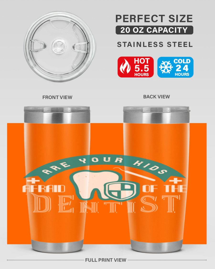 A colorful 20oz Dentist Style 6# tumbler made of double wall vacuum stainless steel, featuring a drink-thru lid, perfect for kids.