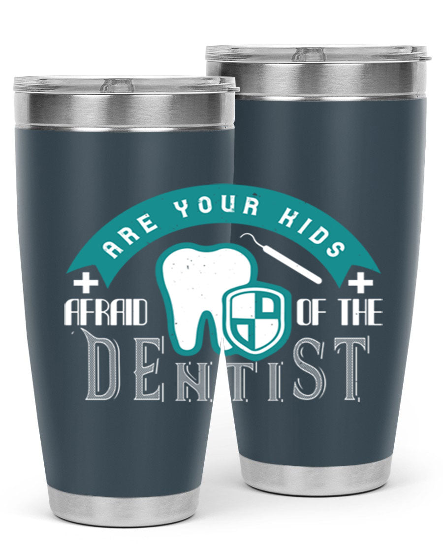A colorful 20oz Dentist Style 6# tumbler made of double wall vacuum stainless steel, featuring a drink-thru lid, perfect for kids.
