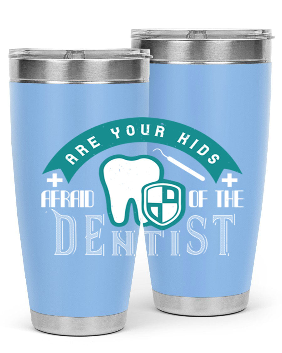 A colorful 20oz Dentist Style 6# tumbler made of double wall vacuum stainless steel, featuring a drink-thru lid, perfect for kids.