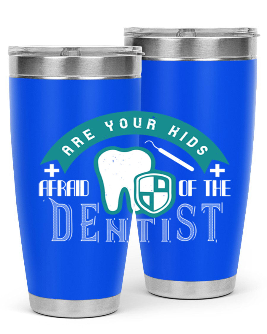 A colorful 20oz Dentist Style 6# tumbler made of double wall vacuum stainless steel, featuring a drink-thru lid, perfect for kids.