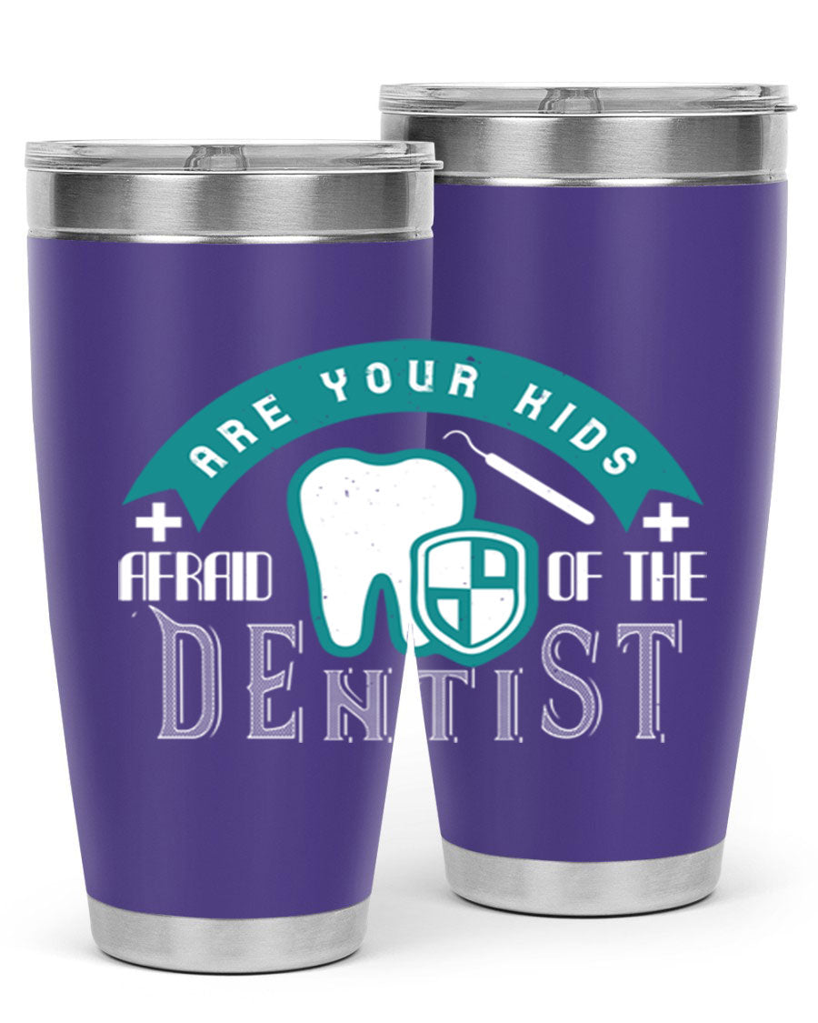 A colorful 20oz Dentist Style 6# tumbler made of double wall vacuum stainless steel, featuring a drink-thru lid, perfect for kids.