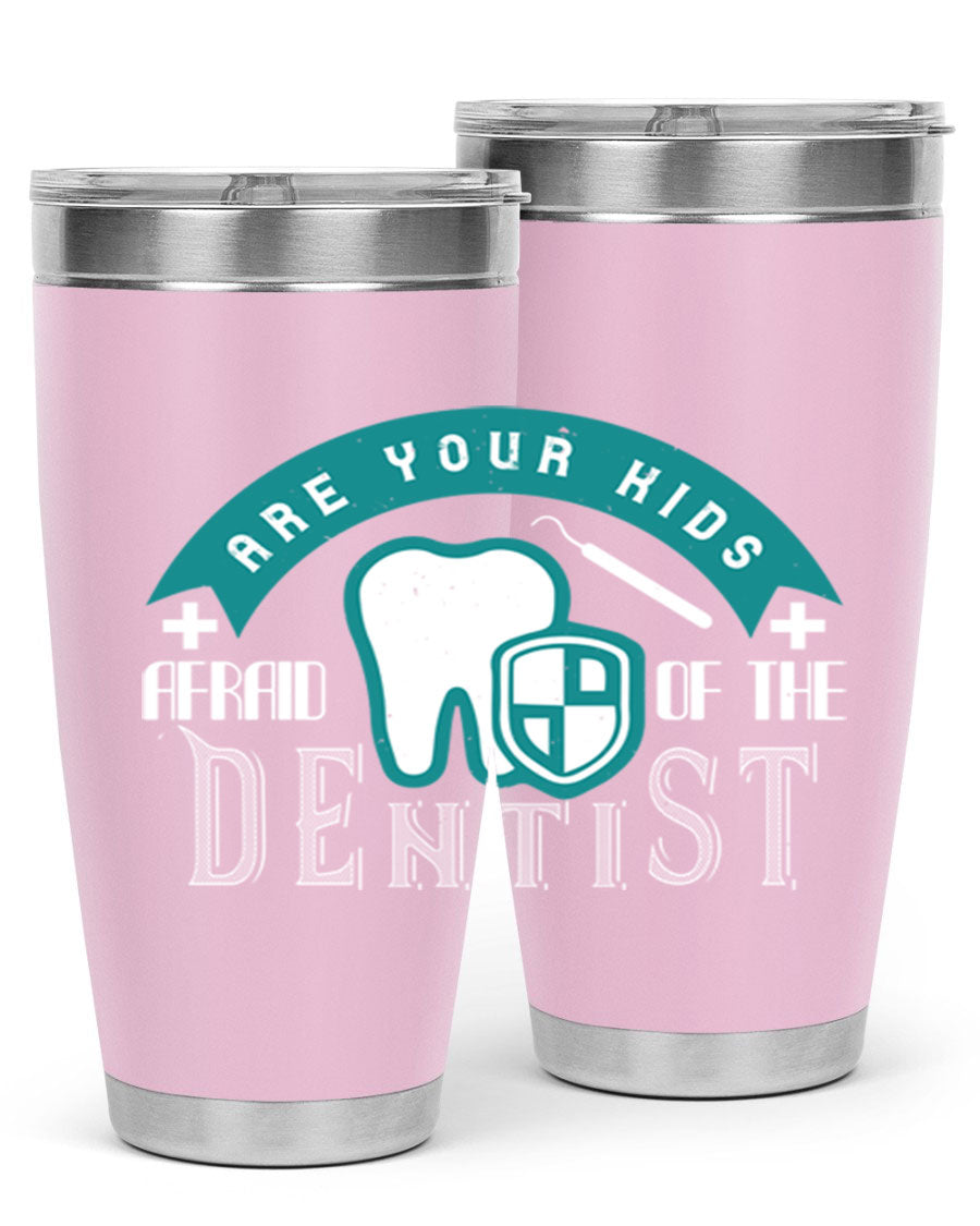 A colorful 20oz Dentist Style 6# tumbler made of double wall vacuum stainless steel, featuring a drink-thru lid, perfect for kids.