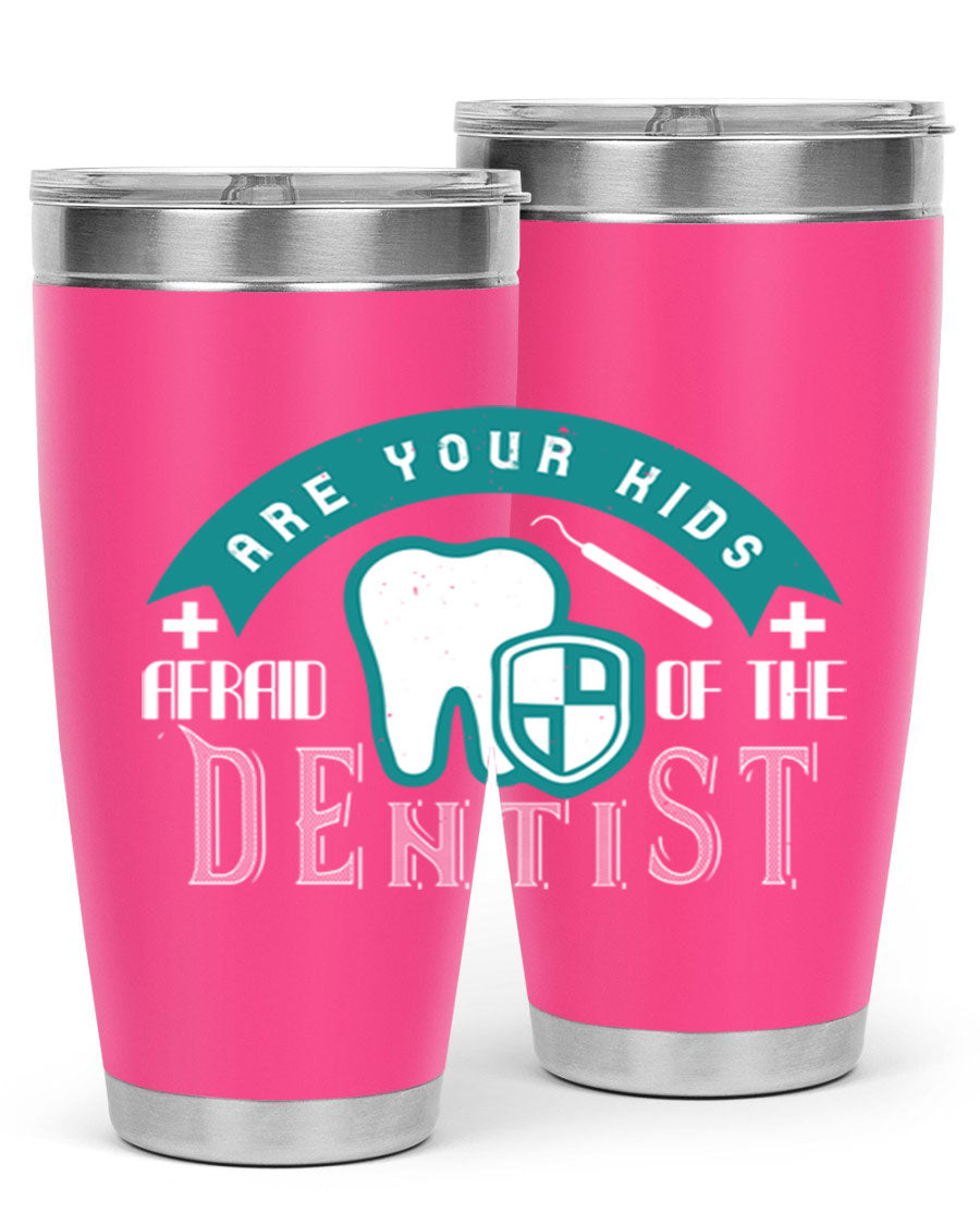 A colorful 20oz Dentist Style 6# tumbler made of double wall vacuum stainless steel, featuring a drink-thru lid, perfect for kids.