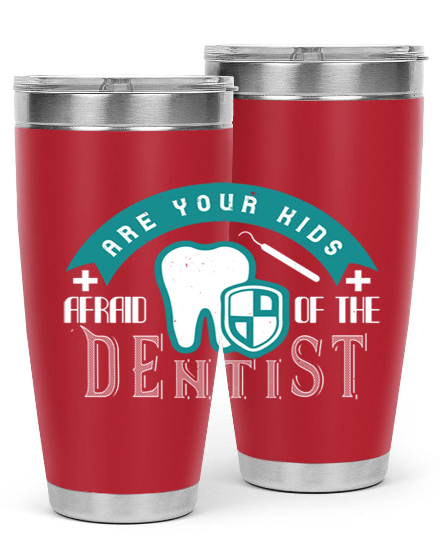 A colorful 20oz Dentist Style 6# tumbler made of double wall vacuum stainless steel, featuring a drink-thru lid, perfect for kids.