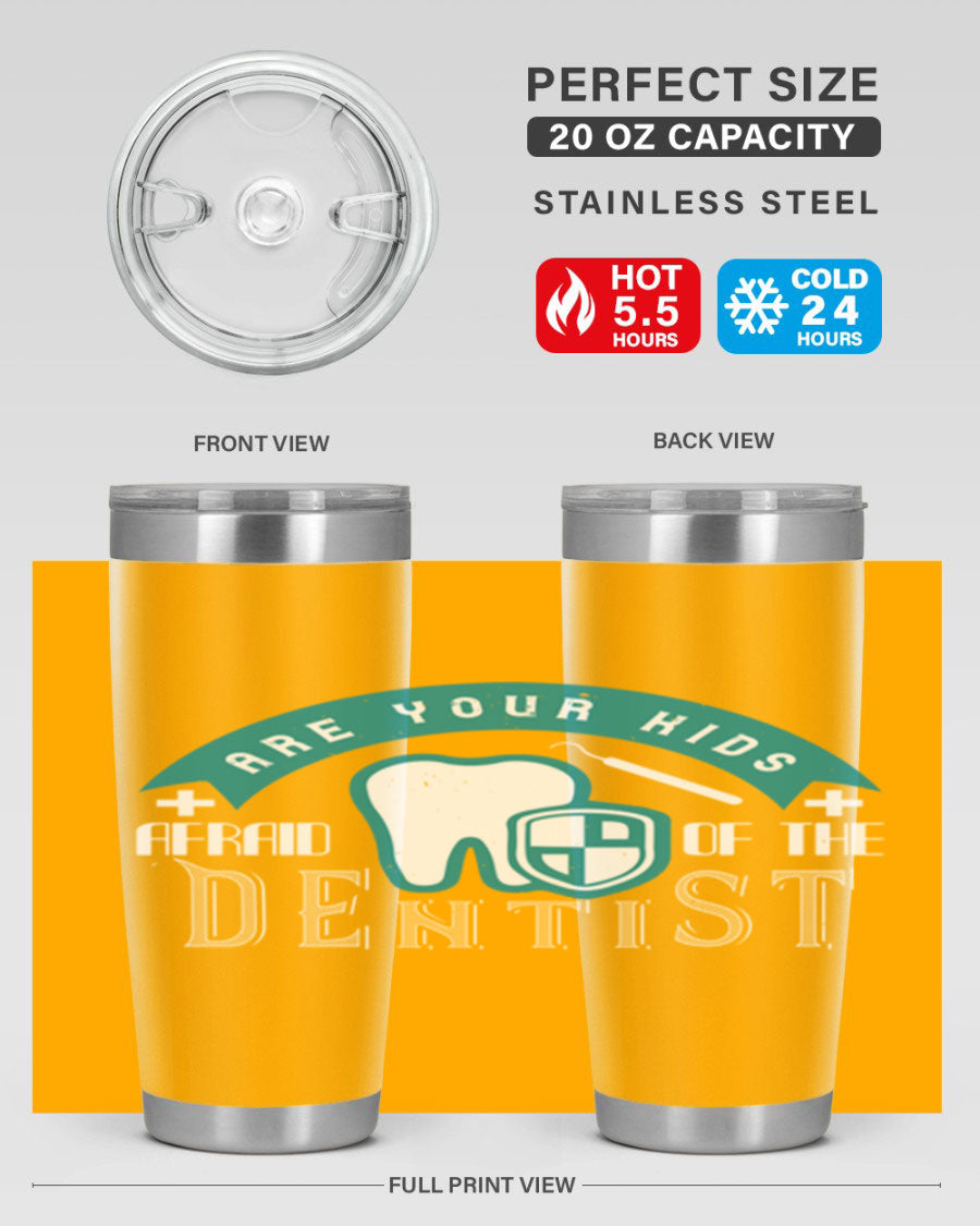 A colorful 20oz Dentist Style 6# tumbler made of double wall vacuum stainless steel, featuring a drink-thru lid, perfect for kids.