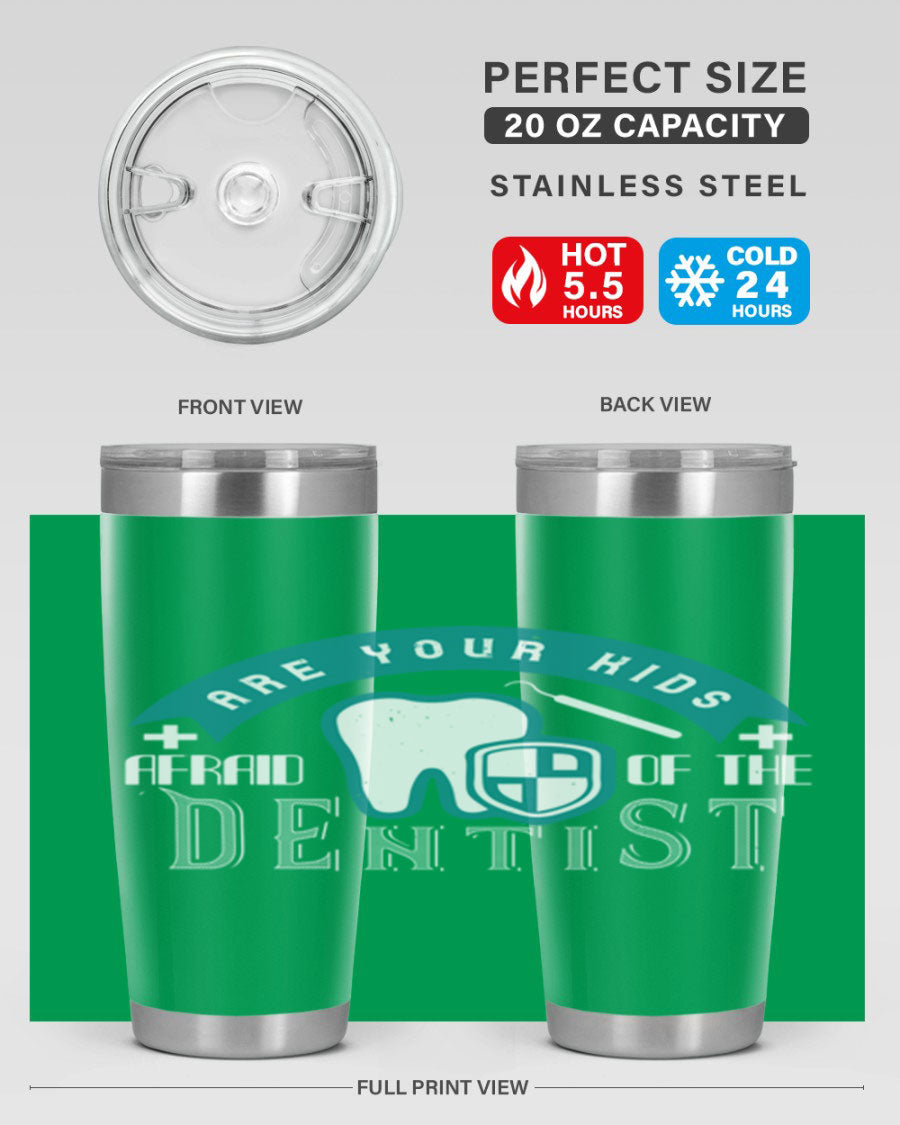 A colorful 20oz Dentist Style 6# tumbler made of double wall vacuum stainless steel, featuring a drink-thru lid, perfect for kids.