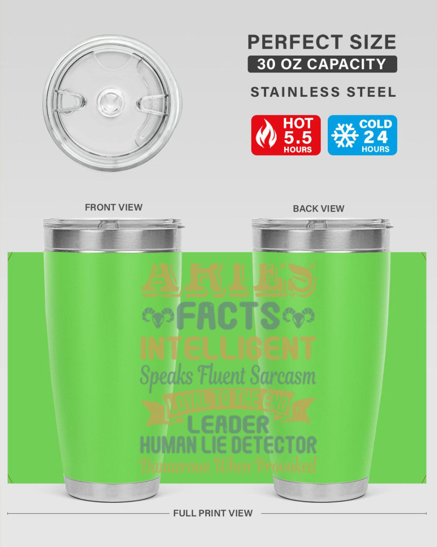 Aries 123# Zodiac Tumbler in stainless steel with a vibrant zodiac design, perfect for hot and cold beverages.