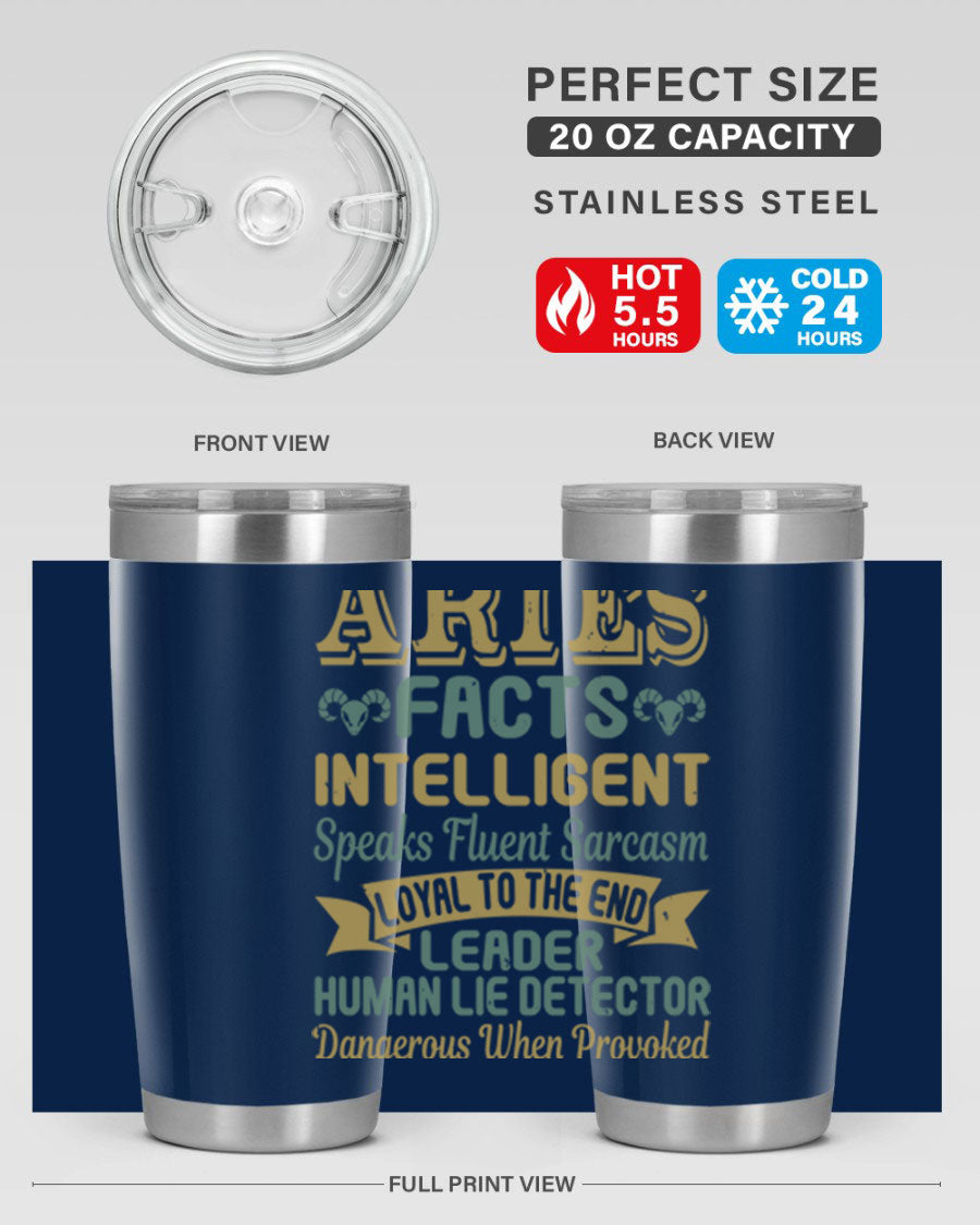 Aries 123# Zodiac Tumbler in stainless steel with a vibrant zodiac design, perfect for hot and cold beverages.