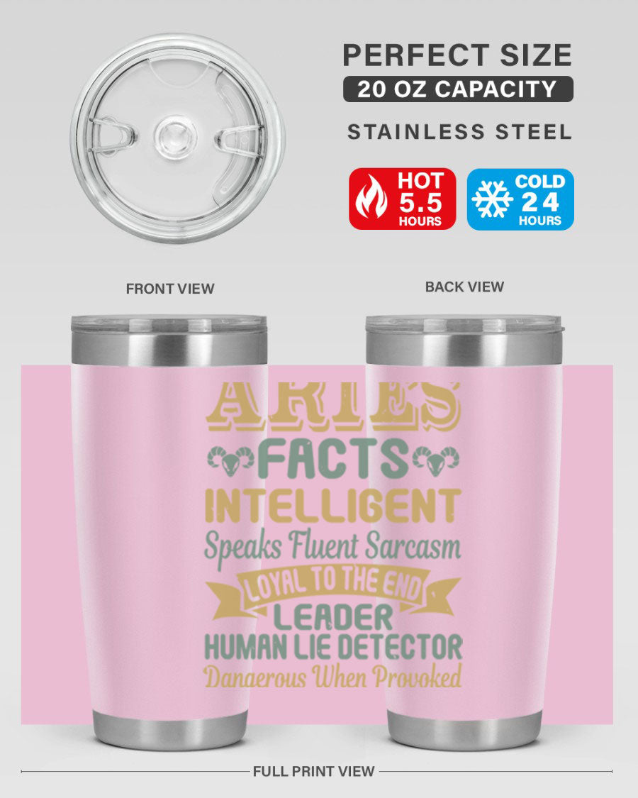 Aries 123# Zodiac Tumbler in stainless steel with a vibrant zodiac design, perfect for hot and cold beverages.