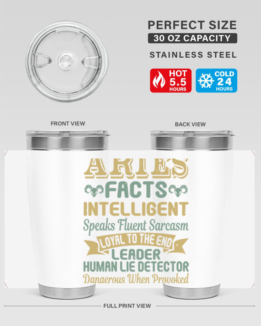 Aries 123# Zodiac Tumbler in stainless steel with a vibrant zodiac design, perfect for hot and cold beverages.