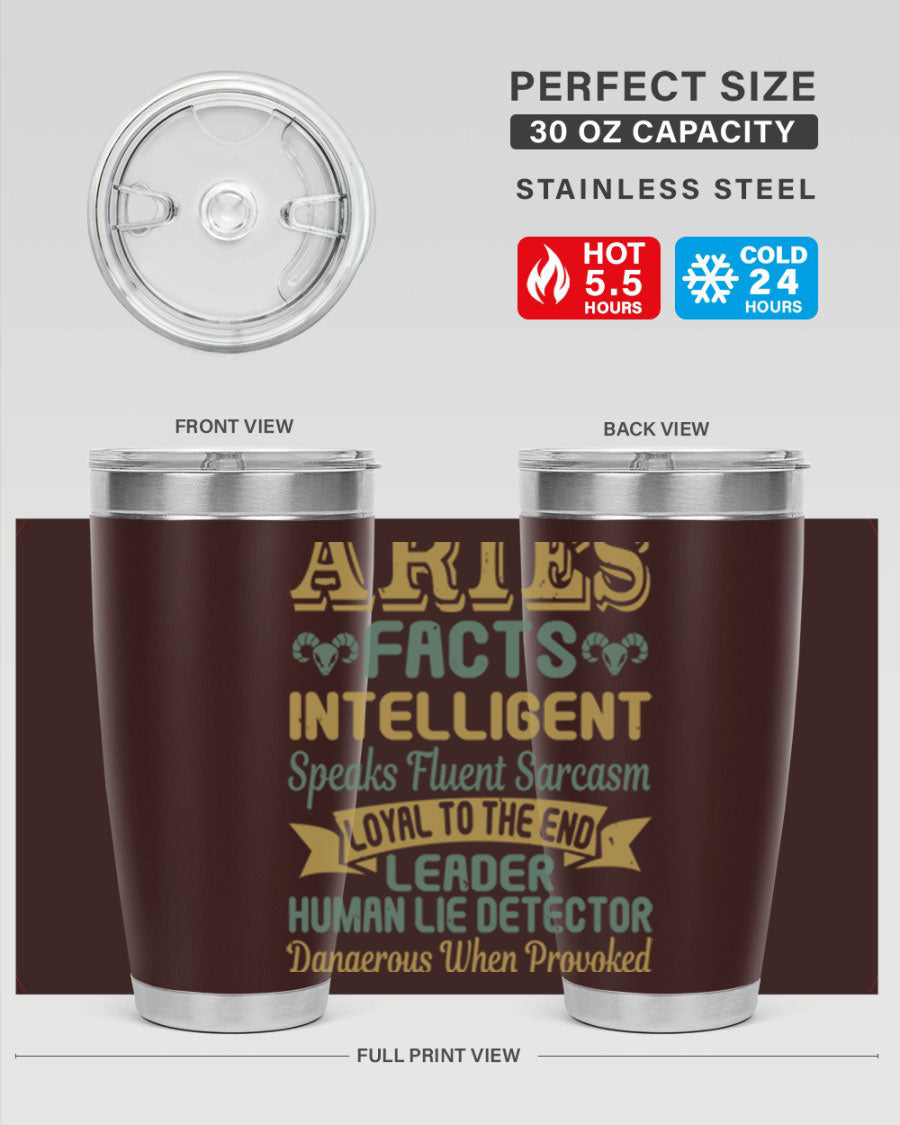 Aries 123# Zodiac Tumbler in stainless steel with a vibrant zodiac design, perfect for hot and cold beverages.