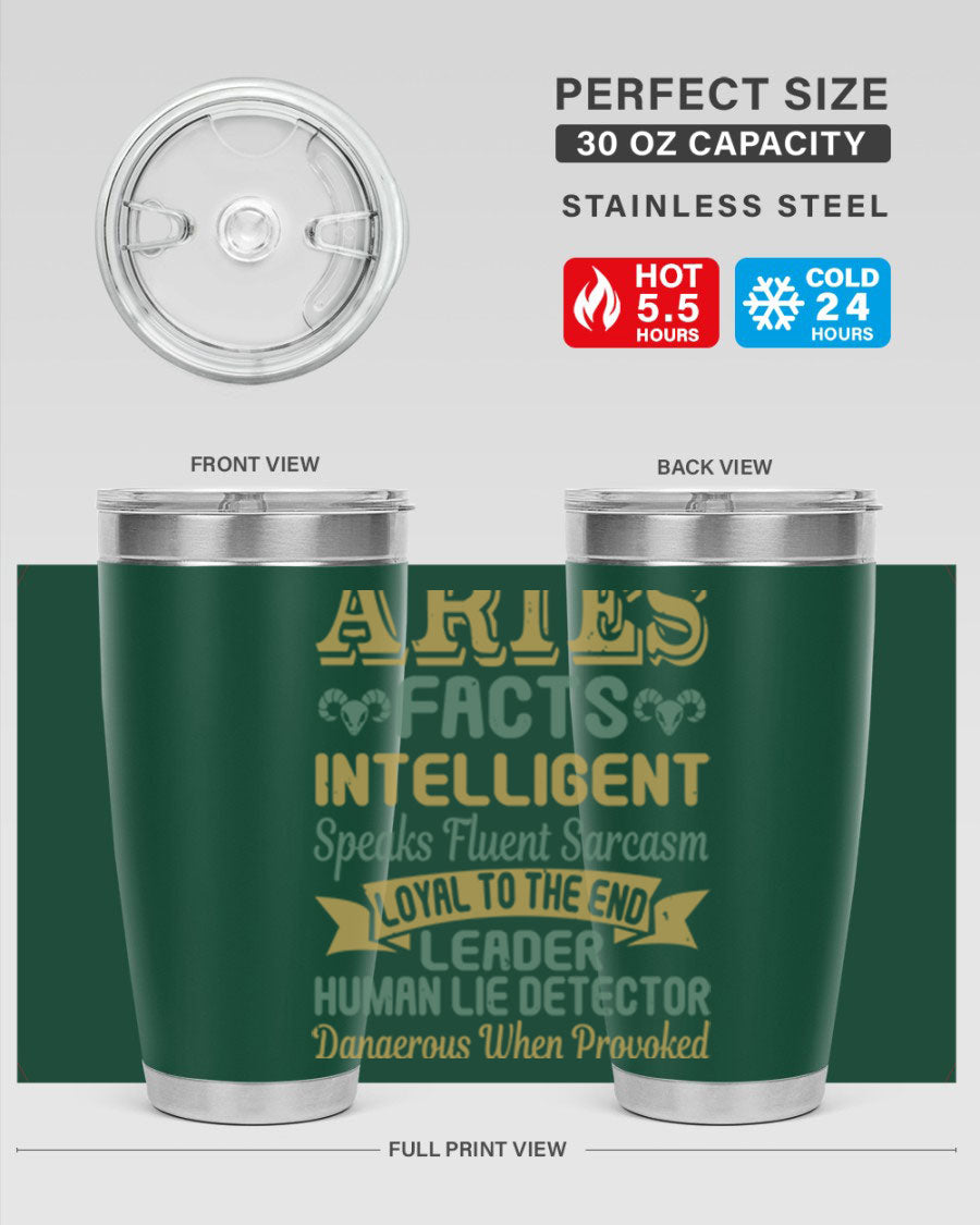 Aries 123# Zodiac Tumbler in stainless steel with a vibrant zodiac design, perfect for hot and cold beverages.