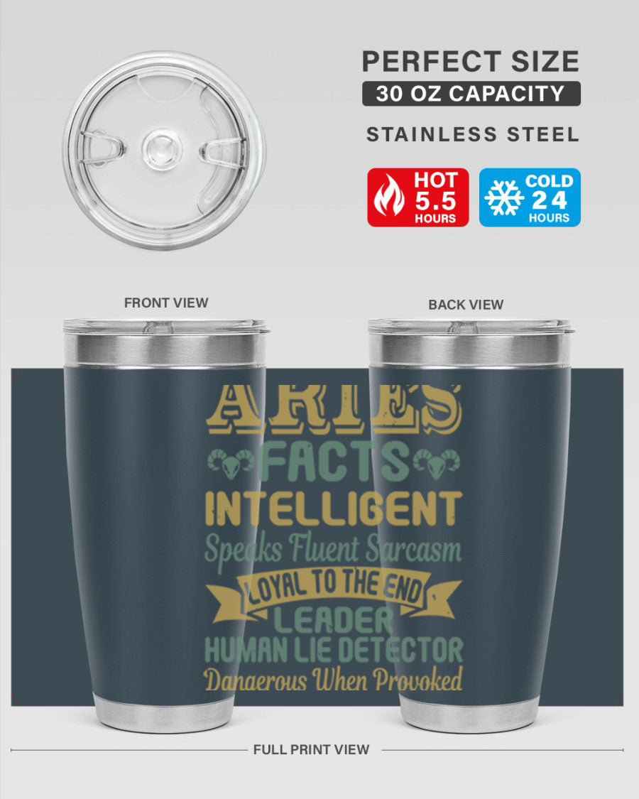 Aries 123# Zodiac Tumbler in stainless steel with a vibrant zodiac design, perfect for hot and cold beverages.