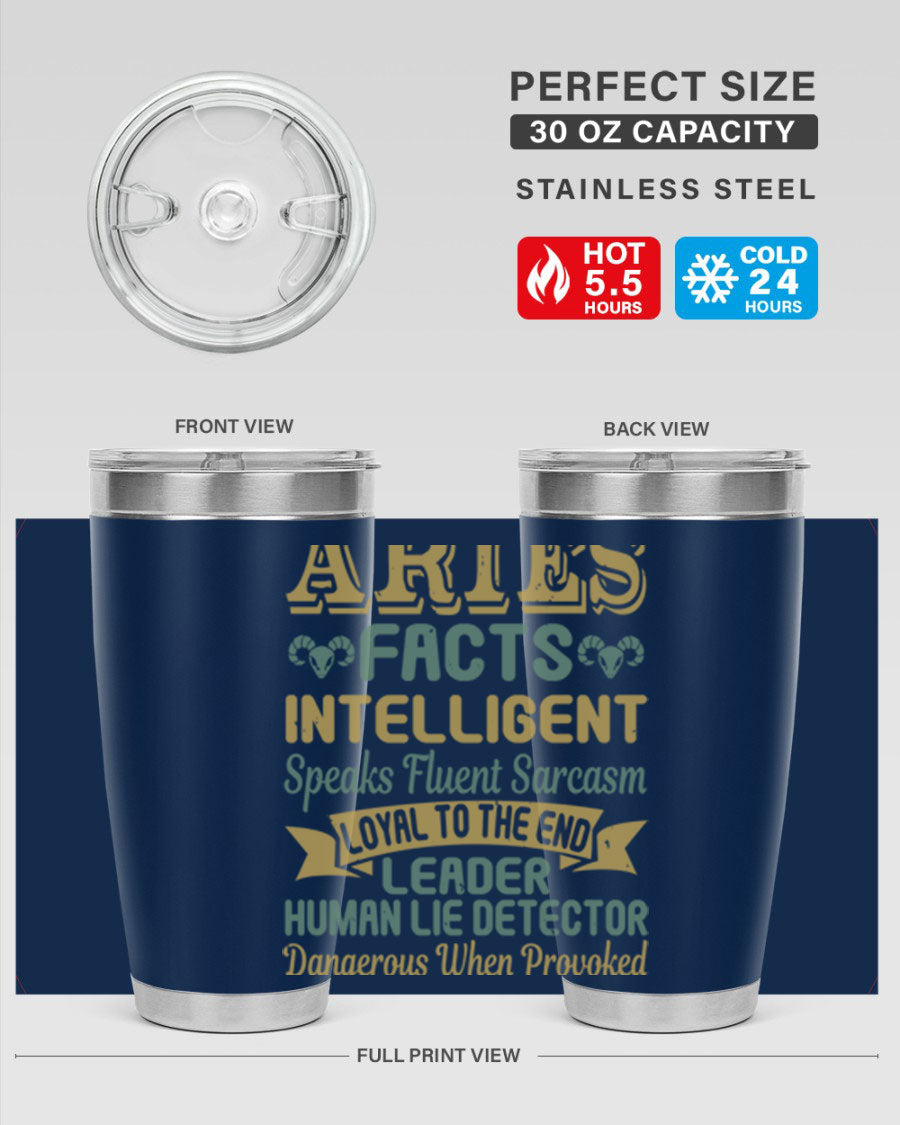 Aries 123# Zodiac Tumbler in stainless steel with a vibrant zodiac design, perfect for hot and cold beverages.