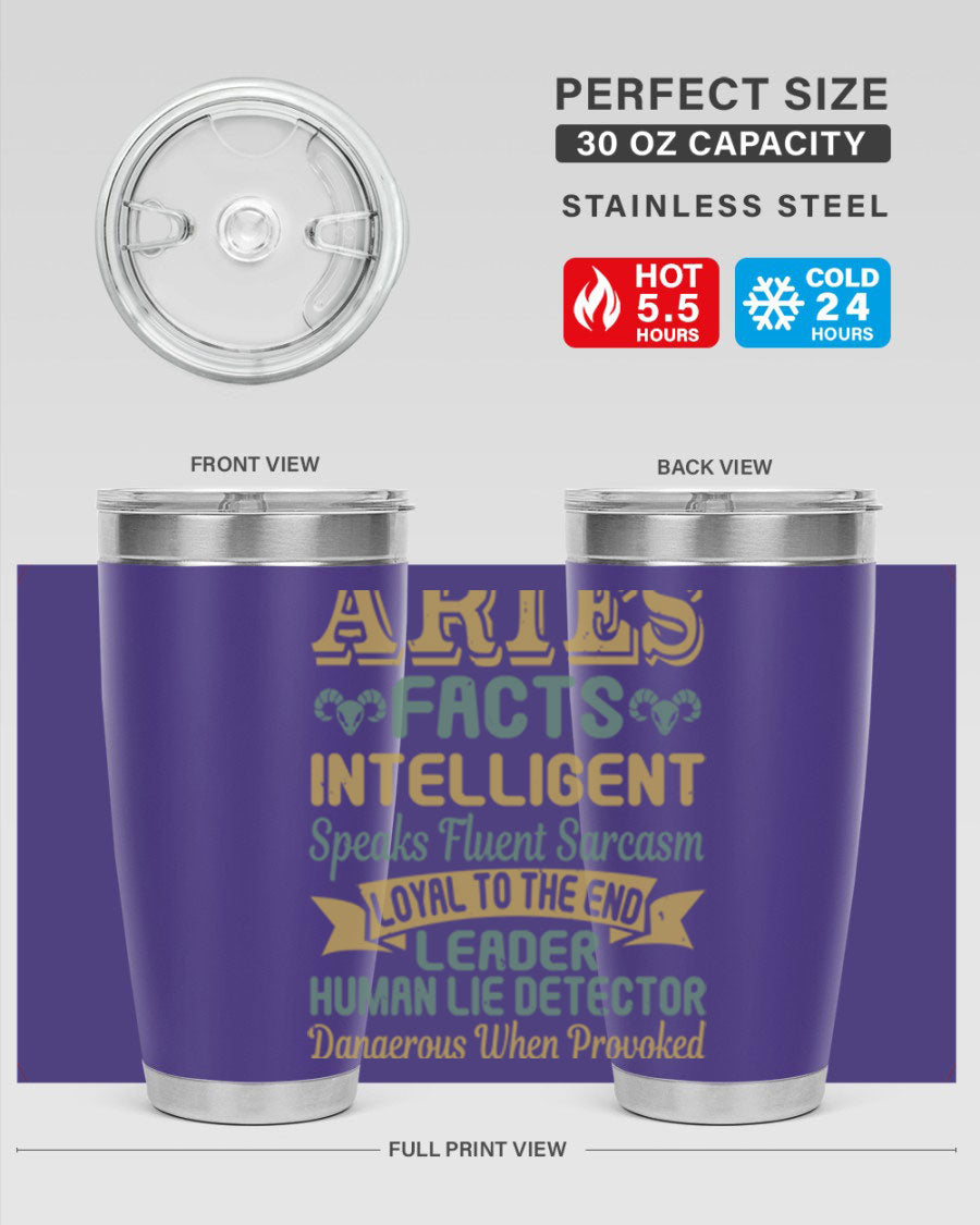Aries 123# Zodiac Tumbler in stainless steel with a vibrant zodiac design, perfect for hot and cold beverages.